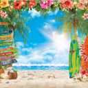 8x6ft Summer Hawaiian Beach Photography Backdrop Tropical Flower Palm Leaves Surfboard Background for Luau Aloha Party Decoration Banner Photo Booth