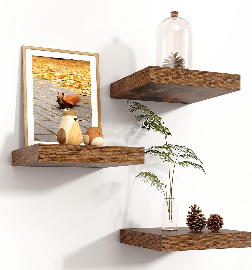 Square Floating Shelves for Wall, 8"W x 8"D x 1.2"H, 3 Pack of Small Wall Mounted Engineered Wood Shelves with Invisible Brackets for Living Room Bedroom Bathroom Kitchen Decor, Rustic Brown