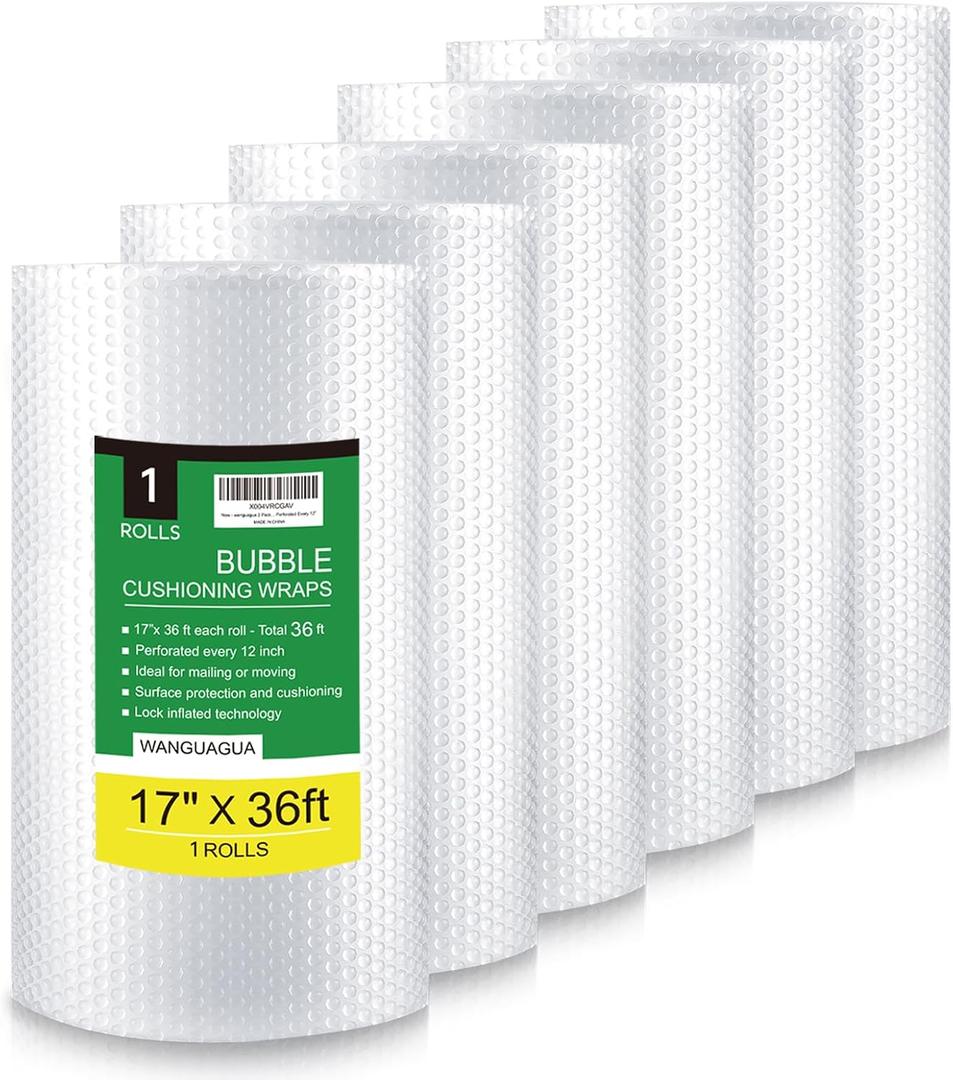 WANGUAGUA Bubble Packing Wrap, Carton of 6 Rolls 17 Inch x 36 ft