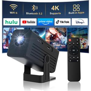 Mini Projector with WiFi and Bluetooth,4K Support 260 ANSl Smart Portable Projector,Auto Keystone, 135 Degree Rotation,Video projector for Home, Bedroom, Outdoor (Black)