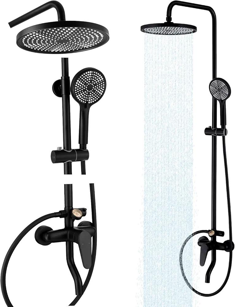 Outdoor Shower Fixture,3 Functions Handle Tub Rainfall Shower Faucet Sets with Dial Thermometer Brass Valve, Exposed Shower System with 10'' Rainfall Shower Head Adjustable (Matte Black)