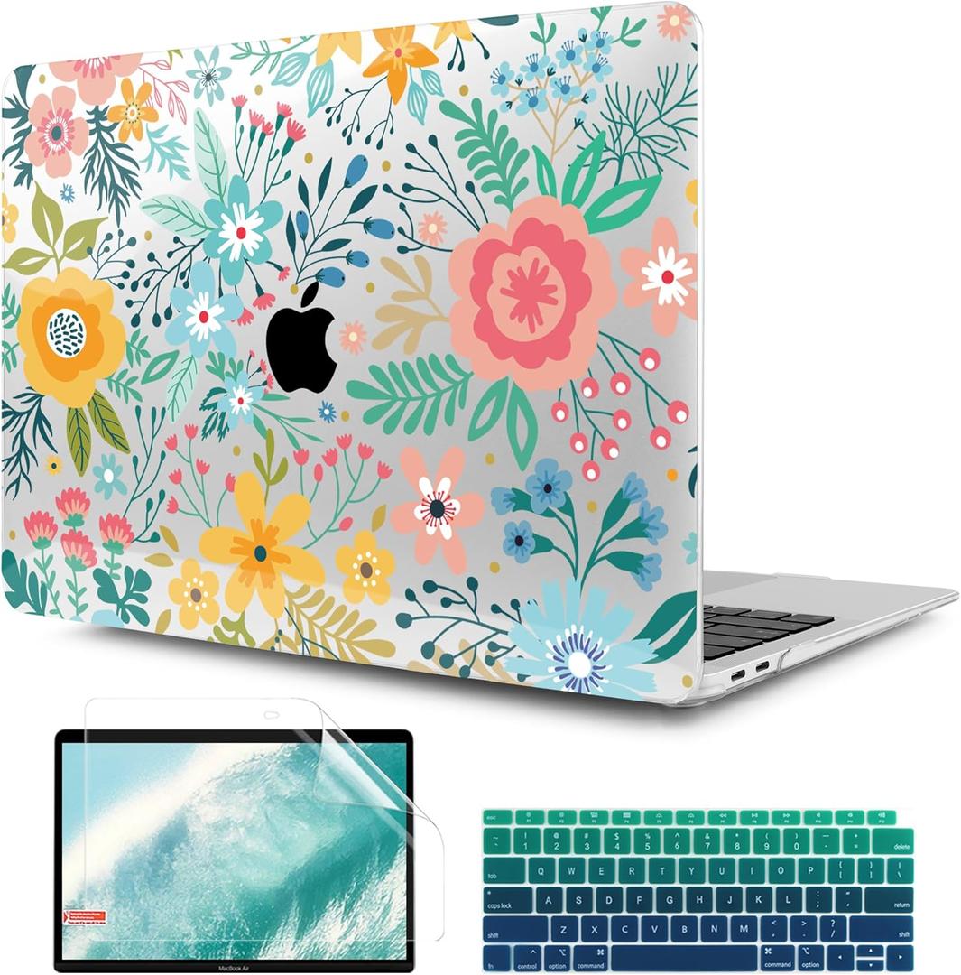 TWOLSKOO Case for MacBook Air 13.3 Inch (Old Version 20182021, Models: M1 A2337, A2179, A1932) Hard Shell Case with Screen Protector & Keyboard Cover, Abstract Flower