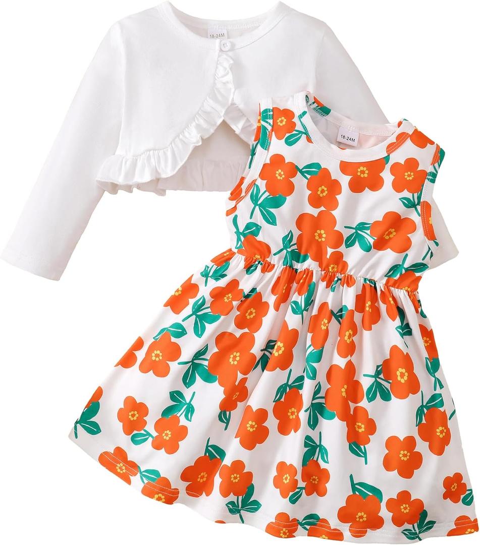 Girls Dress and Cardigan Sleeveless Floral Print Tank Dresses and Bolero Shrug 2 Piece Kids Girl Spring Outfit (3-4T, White)