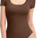 PUMIEY Women's Scoop Neck Short Sleeve Bodysuit Slimming Fit Body suit Top, Chocolate X-Small