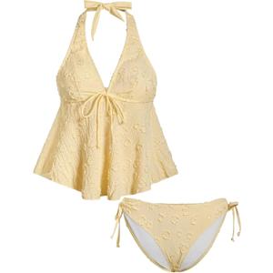 OYOANGLE Women's Tankini Swimsuits Textured Flowy Halter Bikini Set Tummy Control Modest Bathing Suits Yellow X-Large