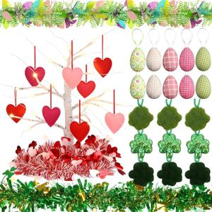 Landical Valentine's Day Tree Decorations Lighted Birch Tree with Heart St. Patrick's Day Shamrock Easter Egg Hanging Ornaments Tinsel Garland for Home Hanging Party Holiday(31 Pcs, Elegant)
