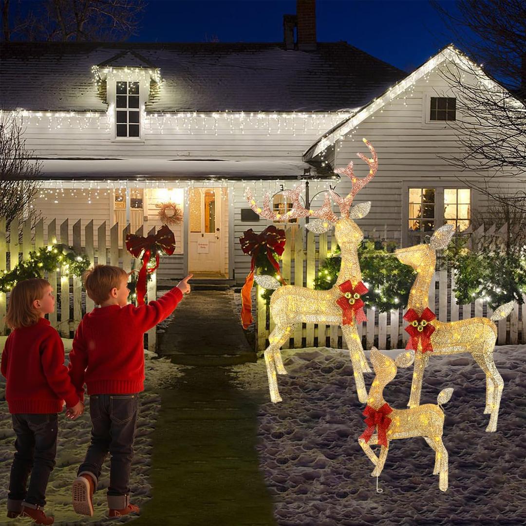 5ft 3D Large Lighted Outdoor Christmas Reindeer Decoration, 3Pcs Handmade Light Up Outside Xmas Deer Family Set Ornaments for Yard Lawn Garden, LED Plug and Play Metal Giant Holiday Decor, Gold