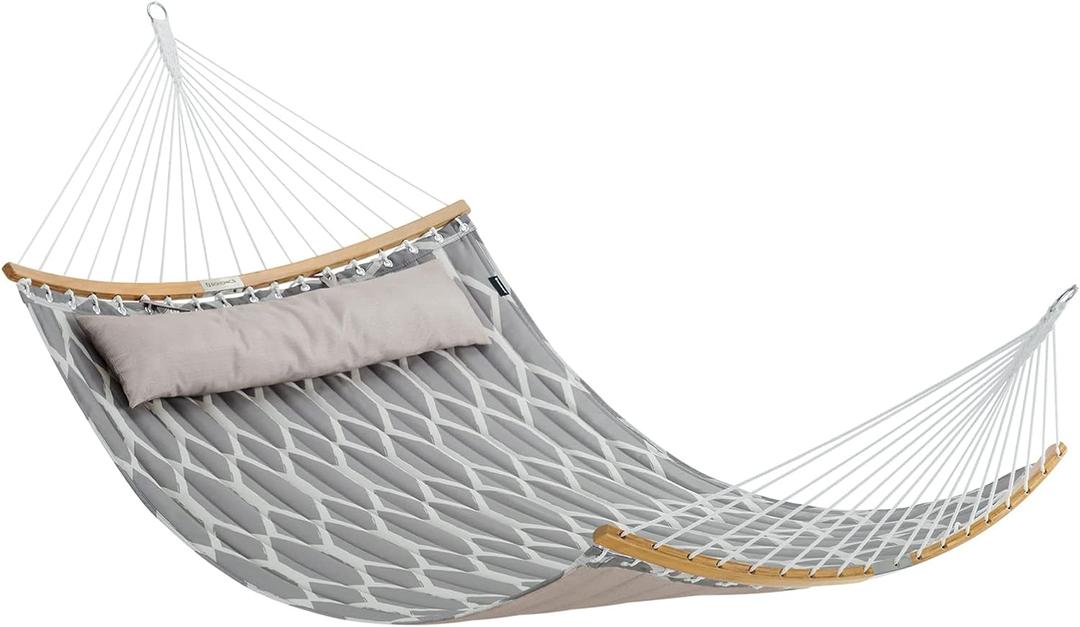 SONGMICS Quilted Hammock with Curved Bamboo Spreaders, Pillow, 78.7 x 55.1 Inches, Holds up to 495 lb, Gray and Beige Rhombus