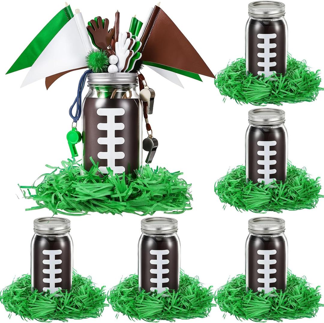 Qinyoung 6 Set Football Party Centerpieces for Tables Decoration, 6 Pack 25oz Glass Mason Jar Vases with Silver Lids, Game Day Birthday Team Sports DIY Table Decorations