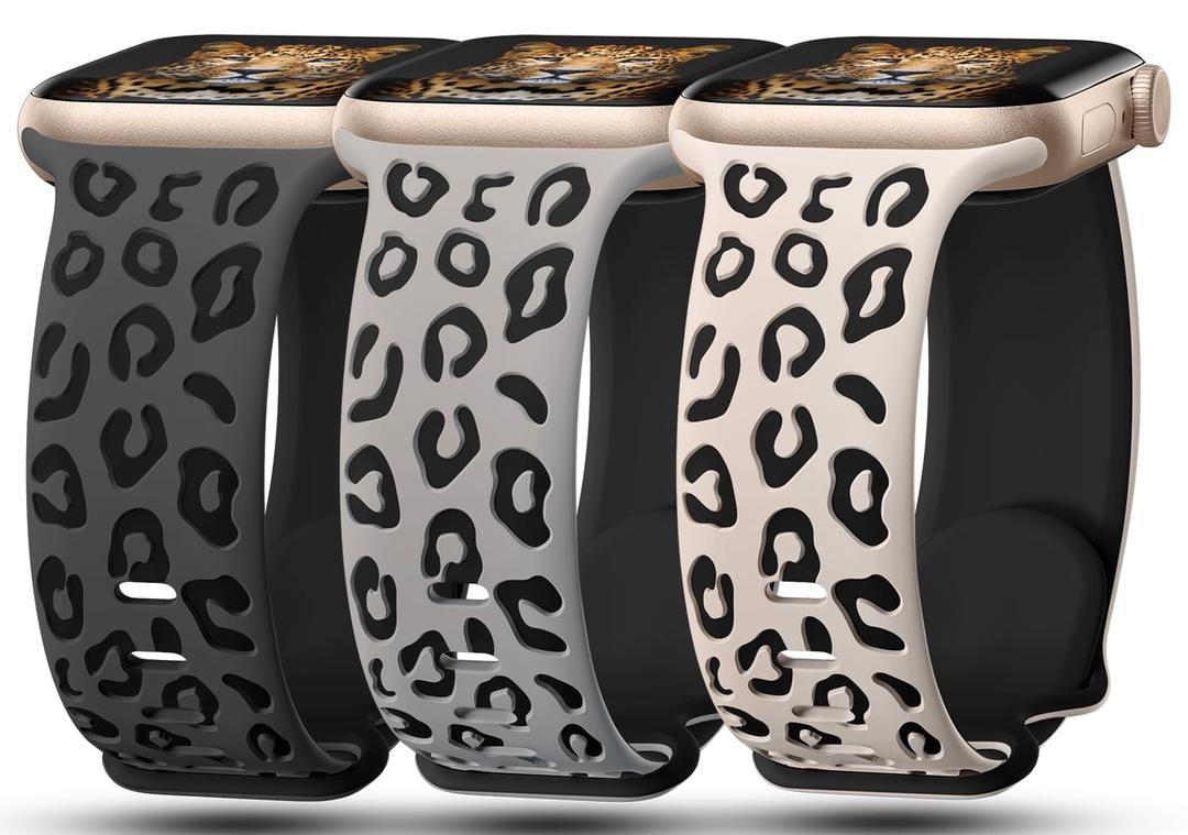 3 Pack Leopard Engraved Bands Compatible with Apple Watch Band 41mm 40mm 38mm 42mm 44mm 45mm 46mm 49mm Women, Soft Silicone Cheetah Embossed Sport Strap for iWatch Series 10 9 8 7 6 5 4 3 2 1 Ultra