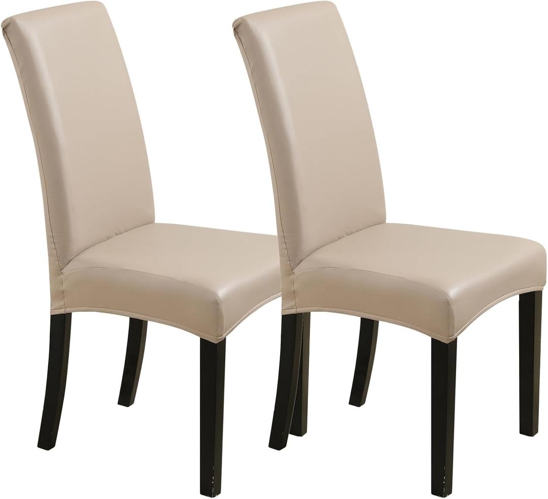 Waterproof Dining Chair Covers - Solid Oilproof PU Leather Chair Covers 2 Pack, Stretch Protector for Kitchen & Dining Room (Khaki, 2PC)