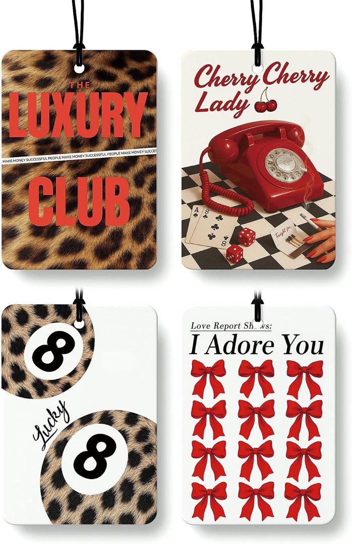 2 x Preppy Coquette Red Bow Leopard Print Car Air Freshener 4 Pcs, Fashion Cheetah Lucky 8 Ball Hanging Air Freshener for Cars Closet Drawer Books, Girly Car Accessories Mirror Decor for Women