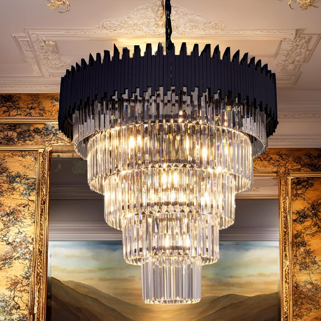 Wellmet Chandelier Black, Modern Chandeliers with Crystal Shade, High Ceiling Farmhouse Dining Room Pendant Light Fixture for Bedroom, Living Room, Entryway, 30-Inch