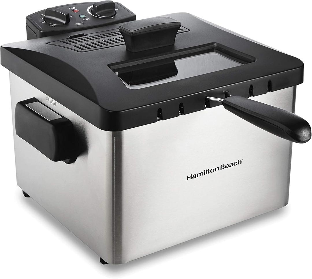 Hamilton Beach Electric Deep Fryer with Basket and Lid, 4.5 Liters / 19 Cups Oil Capacity, Temperature Control, View Window, Professional Style, 1800 Watts, Stainless Steel (35035A) (One XL Frying Basket, Stainless Steel)