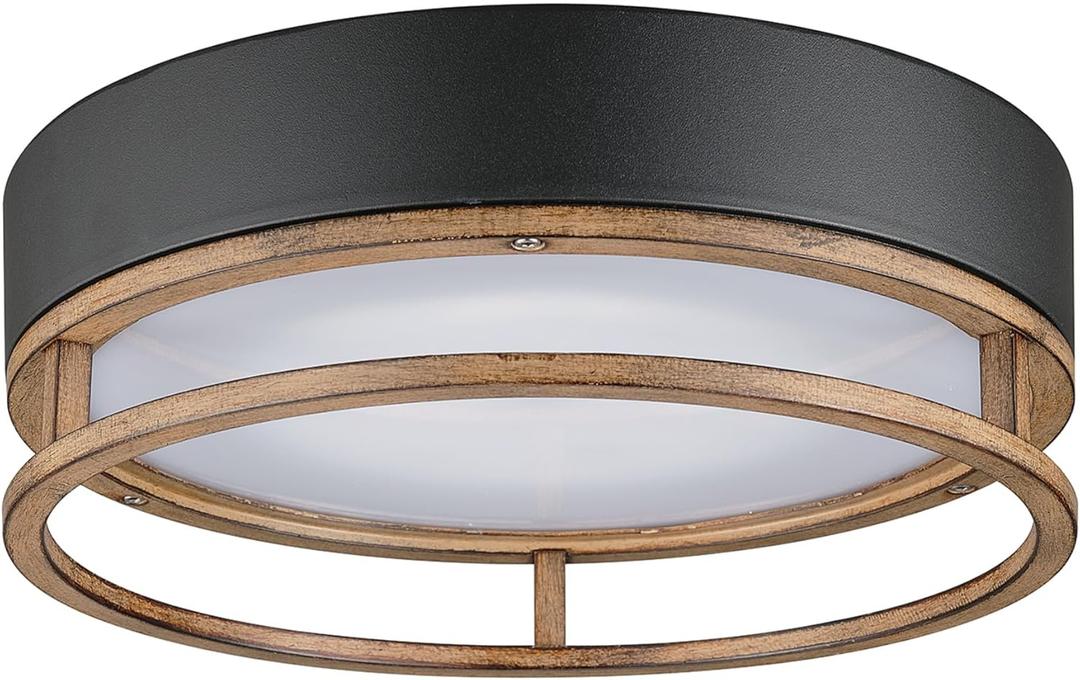 GLOBE Electric 44663 1-Light Integrated LED Outdoor/Indoor Flush Mount Ceiling Light, Matte Black and Faux Wood Finish, Frosted Diffuser, Weather Resistant, Modern Rustic Design