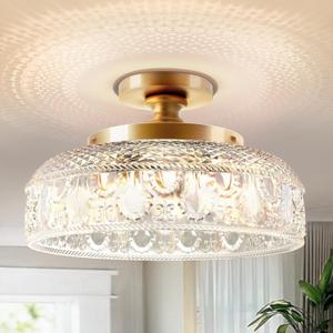 Lamomo Semi Flush Mount Ceiling Light, Upgraded Larger Golden Hallway Light Fixture, 3-Bulb Globe Glass Close to Ceiling Scone,Indoor Hanging Light for Bedroom Kitchen Porch Hallway,Bulbs Not Included (12.2'')