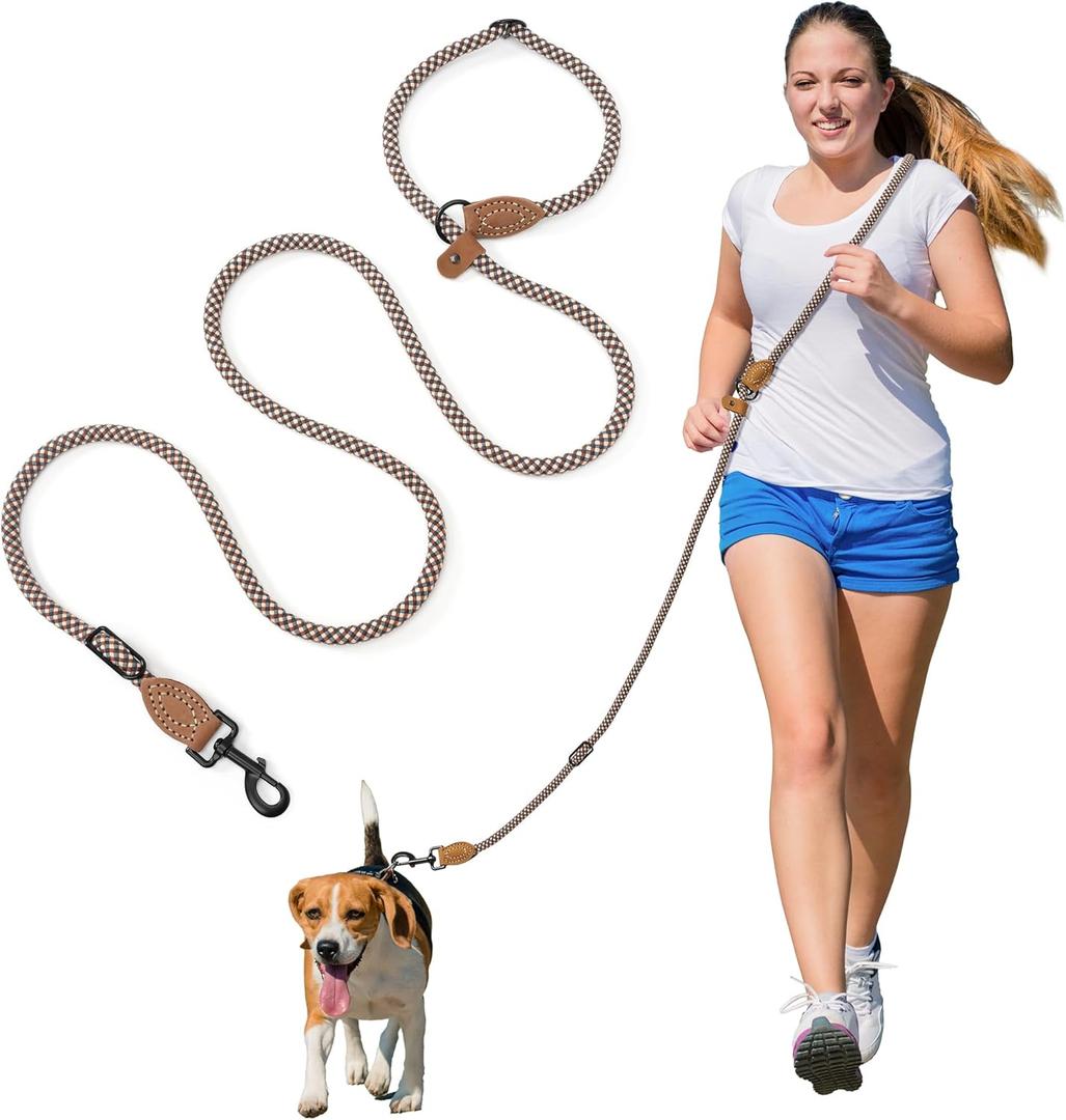 Mile High Life Hands Free Dog Leash, Crossbody Waist Leash with Genuine Leather Connection, Multifunctional Adjustable Slip Lead for Dog Walking Running (Brown, 7FT) (Browm)