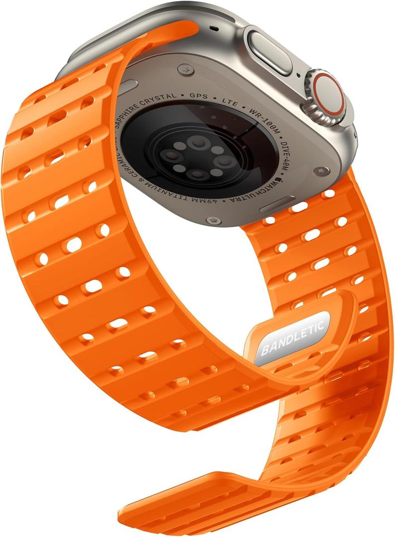 Compatible with Apple Watch Ultra Band 49mm/46mm/45mm/44mm/42mm(3/2/1) Men Women, Rugged Magnetic Silicone Sport Strap for iWatch Ultra2/SE2/SE/10/9/8/7/6/5/4 (Orange)
