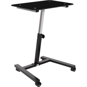 Seville Classics Solid-Top Height Adjustable Mobile Laptop Computer Desk Cart Ergonomic Home Office Stand Rolling Table, Tempered Glass (24"), Black