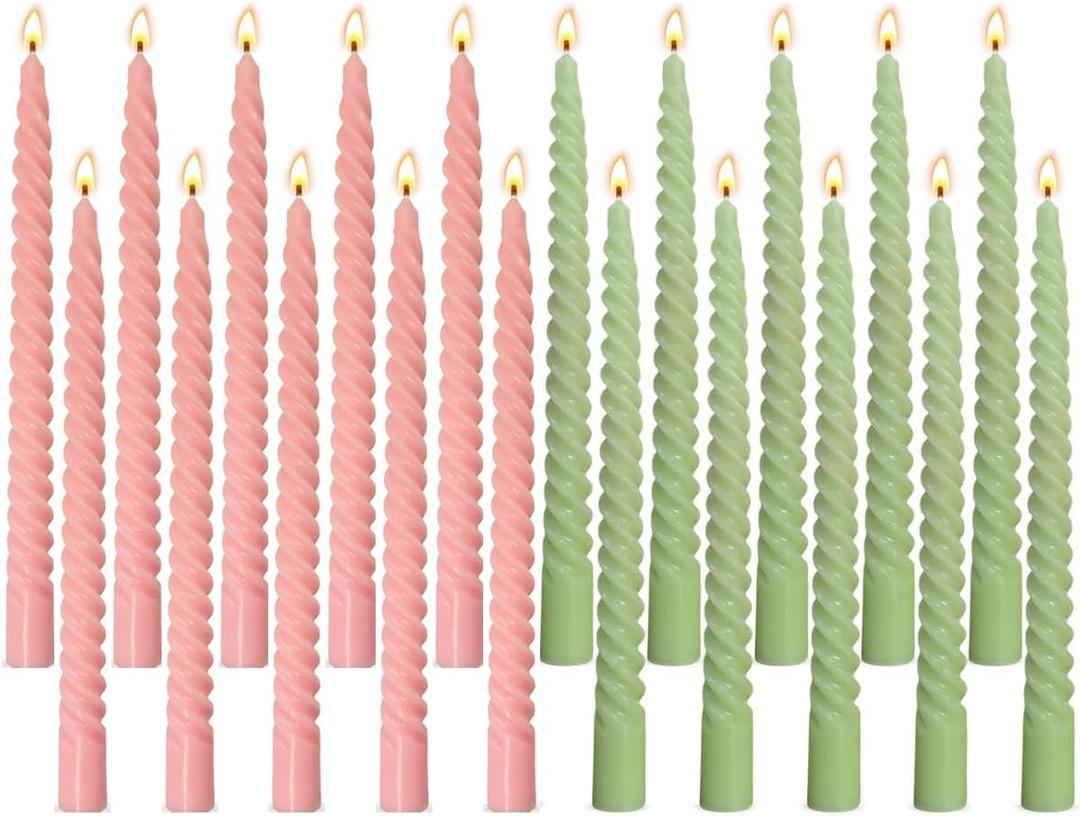 10 Pack Pink and 10 Pack Sage Green Spiral Taper Candles for Home Decor, 10 Inch Unscented Dripless Twisted Candlesticks for Weddings Dinner Holiday Decoration Formal Events