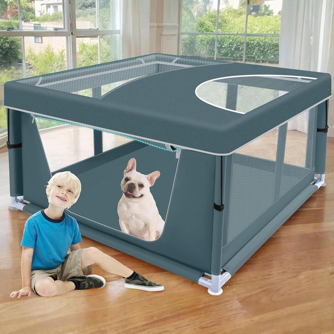 42x42 Inch Puppy Playpen with Cover, Dog Playpen for Puppies or Small Dogs, Pet Playpen for Indoor & Outdoor, Sturdy DogPen with Thickened Fabric, High-Strength Nylon Wire Mesh, Bluish Green