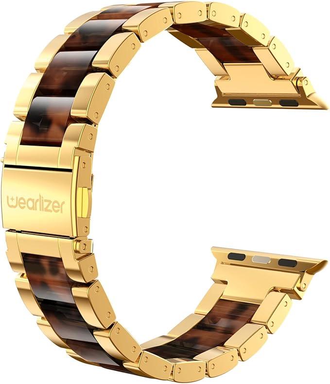 Wearlizer Compatible with Apple Watch Band 42/44/45/46/49mm Replacement Womens Mens Wristbands Gold Stainless Steel Tortoise Resin Strap Metal iWatch Series 11 10 9 8 7 6 5 4 3 SE/Ultra 3 2 1