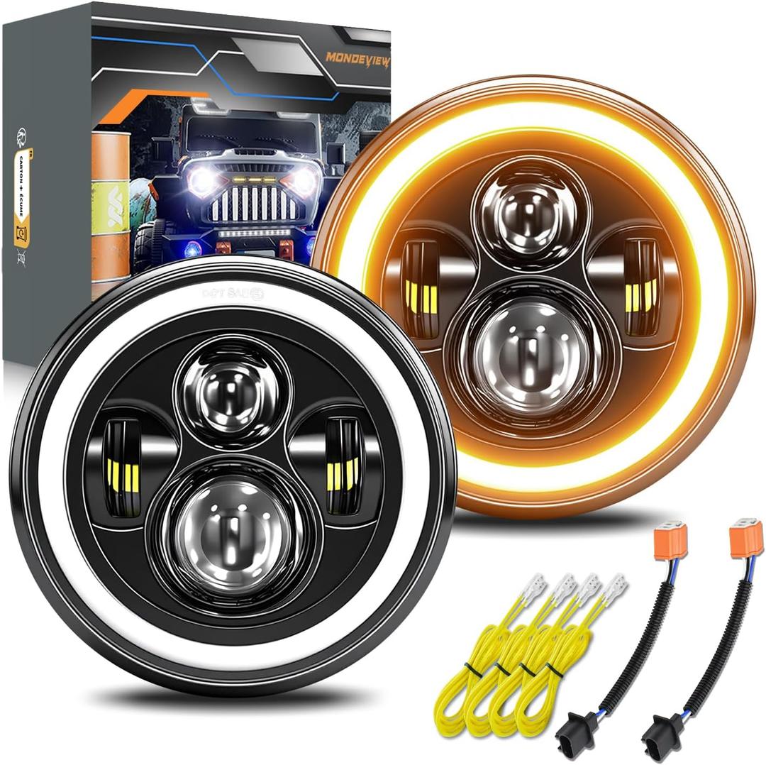 MONDEVIEW 7 Inch LED Headlight Round H6024 High Low Beam, Turn Signal DRL for Jeep Wrangler Chevy Ford Nissan Hummer, DOT Approved