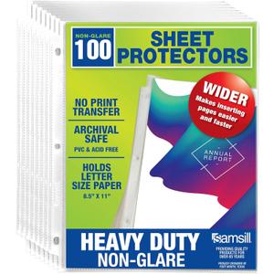 Samsill 100 Pack Heavy Duty Sheet Protectors, Non-Glare, 8.5x11 Inch Page Protectors for 3 Ring Binder, Letter Size Protectors, Reinforced Holes, Non-Glare Protector, Top Loading, Acid Free