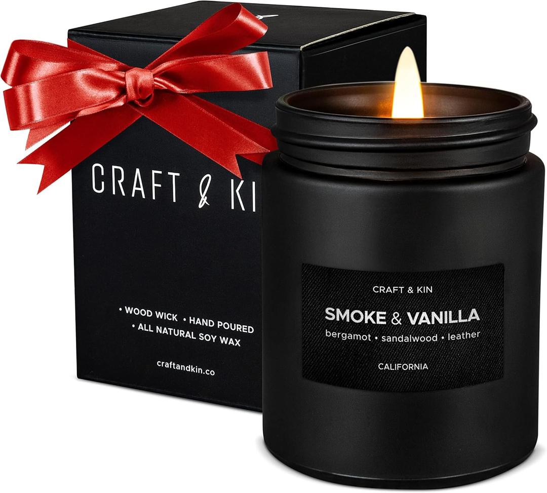 Craft & Kin Premium Smoke & Vanilla Candle | Black Christmas Scented Candles for Men | Long Lasting with 45 Hour Burn Time, 7.6oz | Soy Holiday Candle | Aromatherapy at Home | Gifts for Men