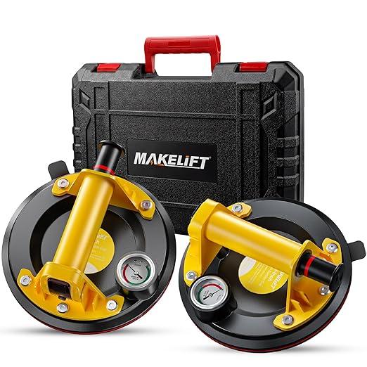 MAKELIFT Suction Cups for Glass, 8" Tile Suction Cup Tool, 260KG Max Load, Pressure Gauge, Towel & Gloves, Heavy-Duty Vacuum Lifter for Window, Windshield, Marble, Granite and Metal (2-Pack)