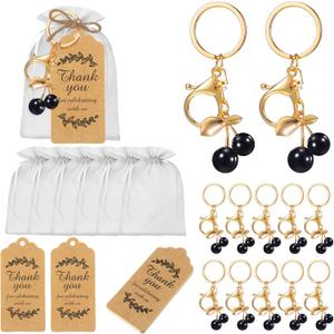 20 Set Black Cherry Keychain Party Favor Bulk Steel Keyring Charm Accessories Souvenir Present Kraft Tag Organza Bag for Guest Baptism Bridal Baby Shower Valentine Wedding Gift