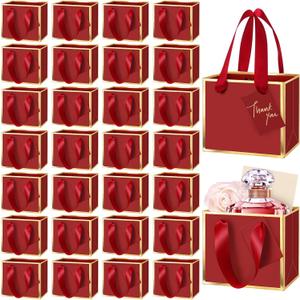 Yeaqee 50 Pcs Mini Metallic Paper Gift Bags with Handle 4x4.75x2.2'' Small Gift Bag DIY Tag Thank You Party Favor for Mother's Day Wedding Graduation Baby Shower Birthday Jewelry (Burgundy Red,Gold)