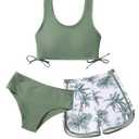 Girl's 3 Piece Bikini Bathing Suit Printed Sport Swimsuits with Shorts Cove Up Sets Teen Girl's Swimwear 10 Y