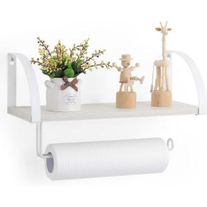 Farmhouse Wood Paper Towel Holder Under Cabinet Wall Mount Paper Towel Holder with Storage Shelf for Kitchen, Bathroom, Cabinets Shelf Storage Organizer (White)