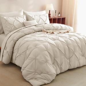CozyLux Oversized Queen Comforter Set Beige, 7 Pieces Pintuck Bed in A Bag, All Season Bed Set Gift for Family, Pinch Pleat Bedding Sets with Comforter, Sheets, Pillowcases & Shams