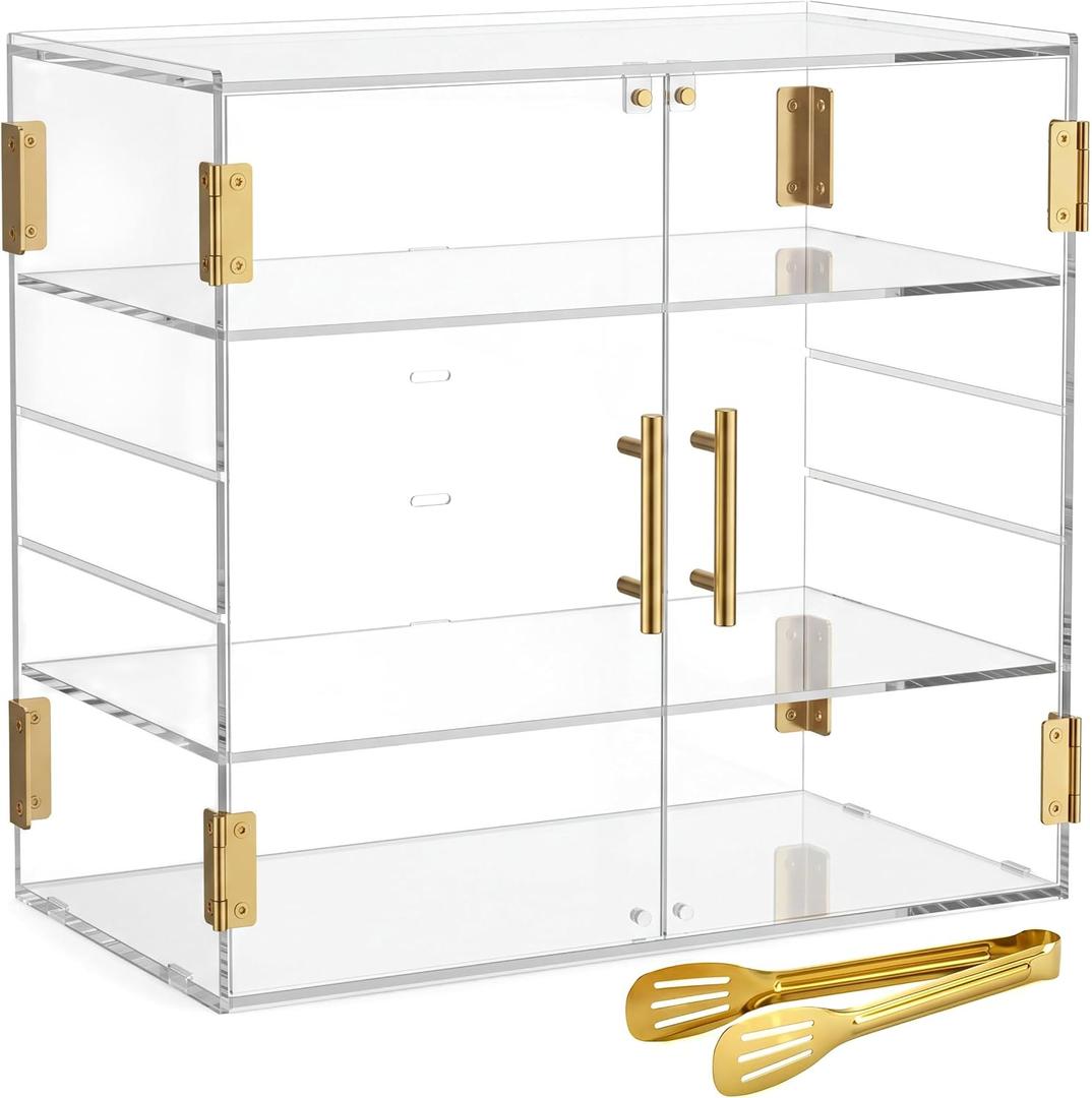 3-Tier Acrylic Pastry Display Case, Countertop Clear Bakery Display Cabinet with Adjustable Pull-Out Layers & Food Clips, Bread Storage Box for Kitchen, Bakery, Cafe – 18.90″×10.24″×16.14″