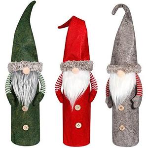 D-FantiX Christmas Gnomes Wine Bottle Cover, Handmade Swedish Tomte Gnomes Wine Toppers Santa Claus Bottle Bags with Drawstring Style Holiday Home Christmas Decorations Gift 3 Pack