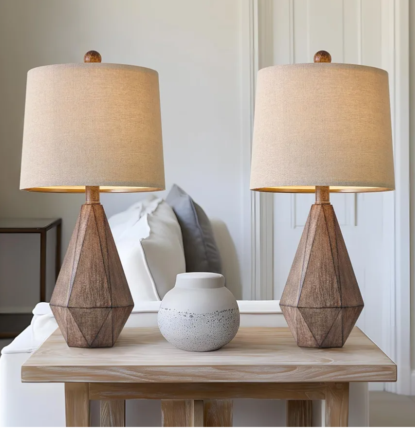 PoKat 20.25" Retro Farmhouse Table Lamp Set of 2 - Living Room & Bedroom Rustic Linen Bedside Nightstand Lamps for Kids, Study, Office - Resin, Suitable for Small Places
