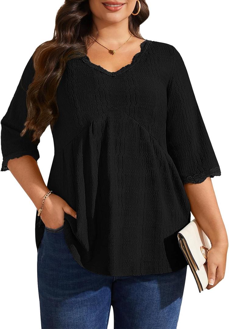Plus Size Tops for Women 3/4 Lace Sleeve Shirts V Neck Blouses Casual Loose Tunic Tops to Wear with Leggings (XXXL)