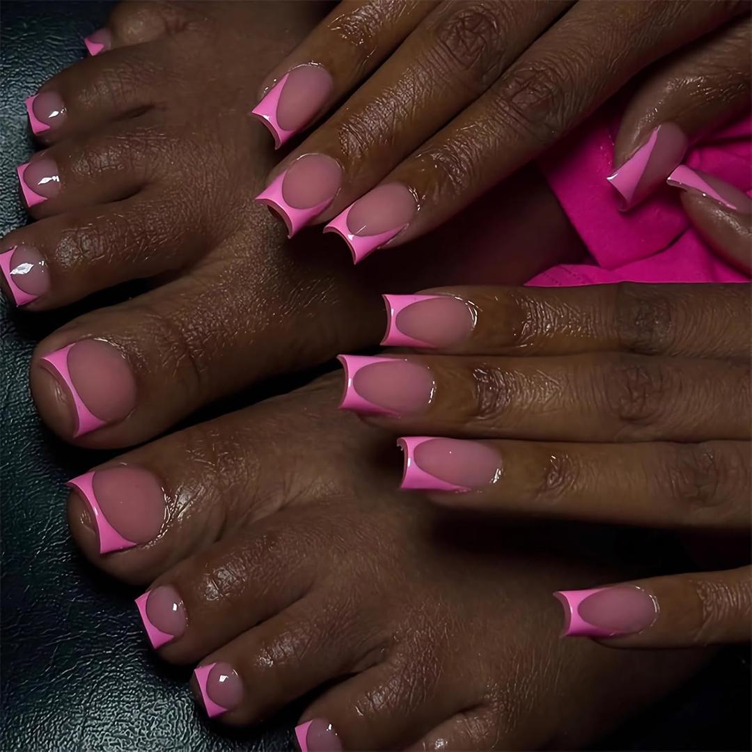 BABALAL 48Pcs Square Nails press on Short & Press on Toenails Set Glossy Glue on Pink Fake Nails French Tip Acrylic Kit Summer False Toe Nail with Design Glossy Kit