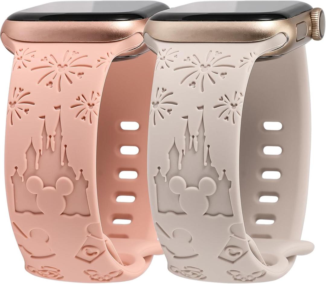2 Packs Cartoon Bands Compatible with Apple Watch Bands 38/40/41/42/44/45/46/49mm Womens, Soft Silicone Cute Engraved Strap for iWatch Series 11 10 9 8 7 6 5 4 3 SE/Ultra 3 2 1 (Starlight & Pink)