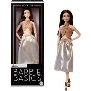 Barbie Basics Model Collector Fashion Doll 06 with Brunette Hair, Shimmery Golden Skirt & Halter, Universal-fit Fashions, Posable Body
