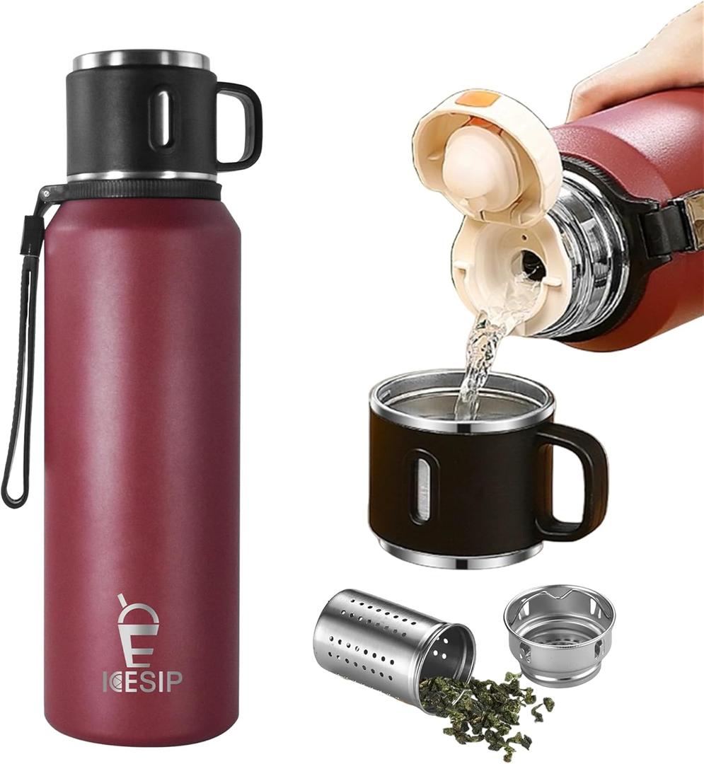 Stainless Steel Insulated Bottle, 27oz with cup Vacuum Insulated Water Bottle, Thermo for Hot Drinks/Cold Drinks,24-Hr Insulation Commute, Travel (Red)