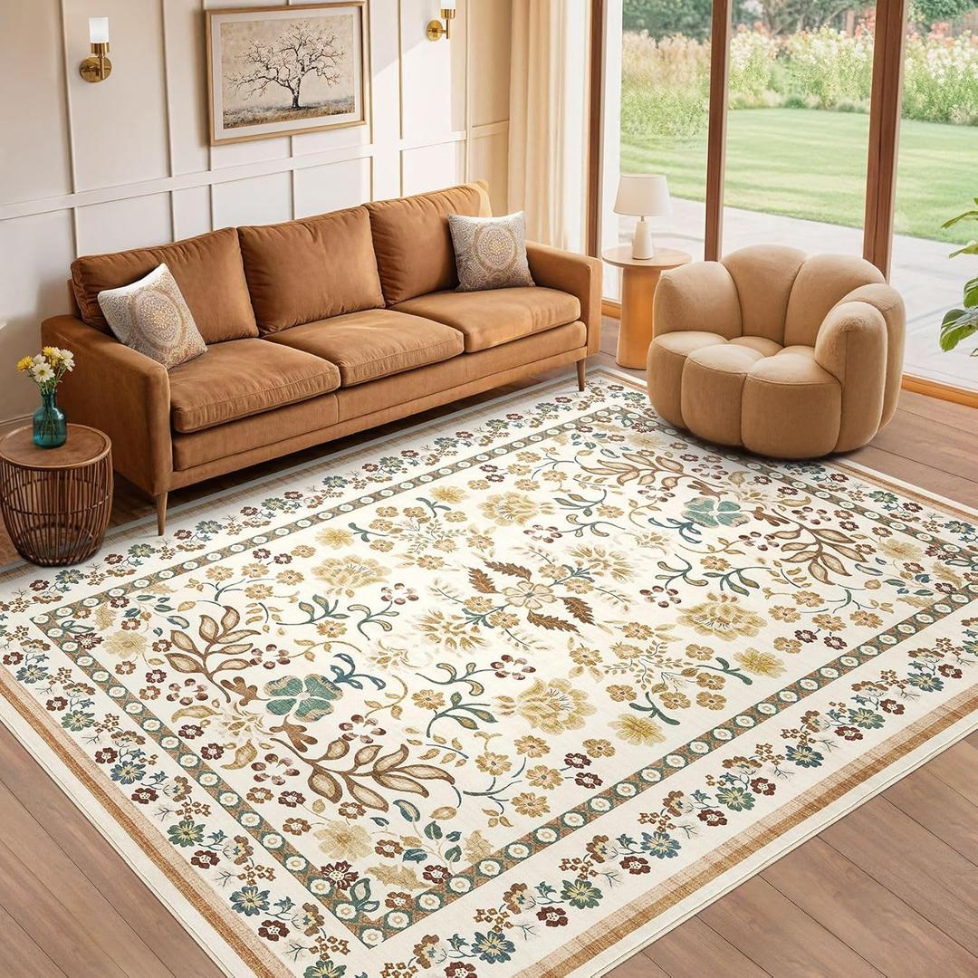 9x12 Area Rug Living Room Rugs - Washable Boho Vintage Floral Large Soft Non Slip Thin Rug Low Pile Carpet for Bedroom Dining Room Kids Playroom Office Decor Indoor- Brown (9' x 12', Brown)