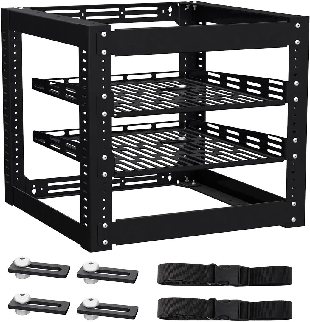 10U Open Frame Network Rack - 4 - Post Cold - Rolled Steel, Wall Mountable or Floor Standing, with 2 x 1U Adjustable Shelves & Mounting Hardware