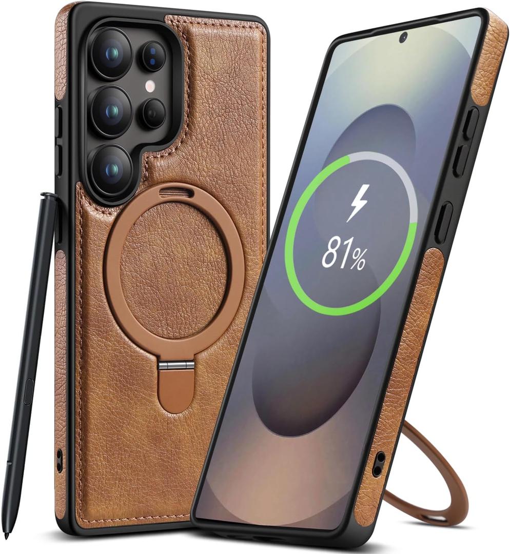 Magnetic for Samsung Galaxy S25 Ultra Leather Case,Invisible Stand [Compatible with Magsafe] Slim Kickstand Phone Cove for Samsung S25 Ultra Case (Brown, S25 Ultra)