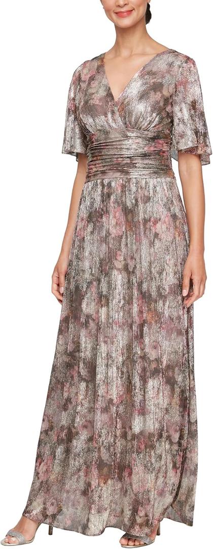 S.L. Fashions Women's Plus Size Long A-line Gown W/Flutter Sleeves & Ruched Waist, Wedding Guest, Party Dress, L