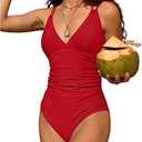 Charmo Tummy Control One Piece Swimsuits for Women Ruched Bathing Suits Strappy V Neck Monokini, Large, Red 