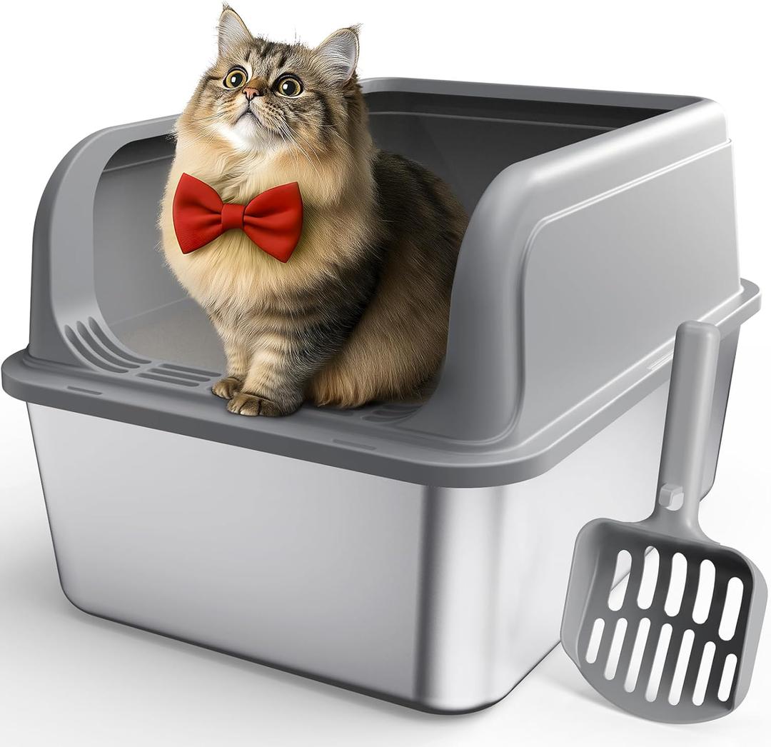 Stainless Steel Cat Litter Box, Metal Kitty Litter Box with Scoop, Anti-Leakage Top Entry, Non-Sticky, Easy to Clean, Grey, 13.5"  17.3"  11"