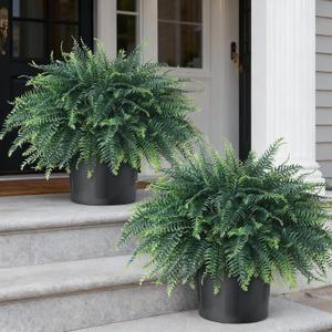 FOTEEWL Artificial Ferns Potted Plant for Front Door Decoration - 2 Sets UV Resistant Realistic Bush Faux Greenery Fern Potted Fake Plants for Home Garden Porch Farmhouse Decor